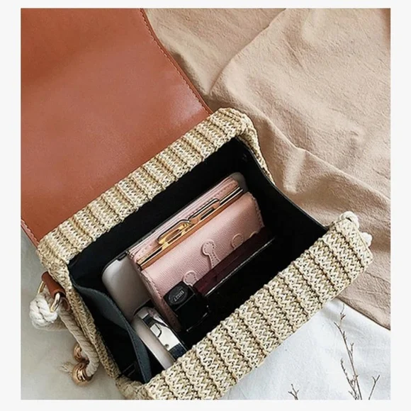 🆕 Straw Square Bag Straw Beach Bags For Women Rattan Purses Straw Crossbody - Picture 8 of 9